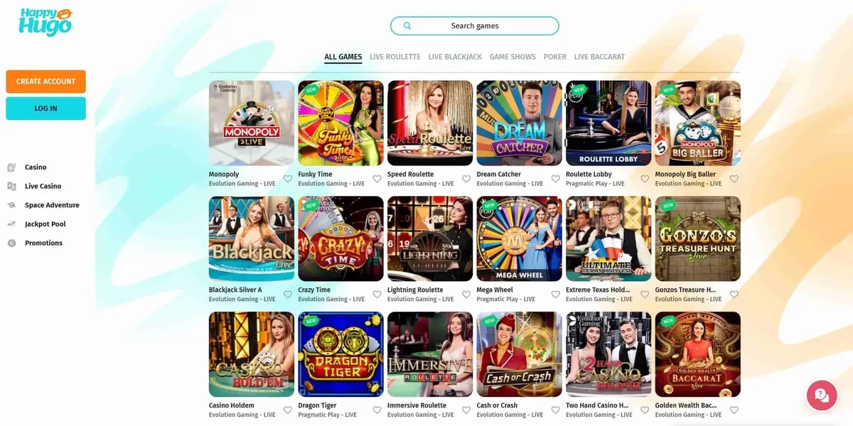 Verschiedene Live-Casino-Spiele mit bunten Grafiken